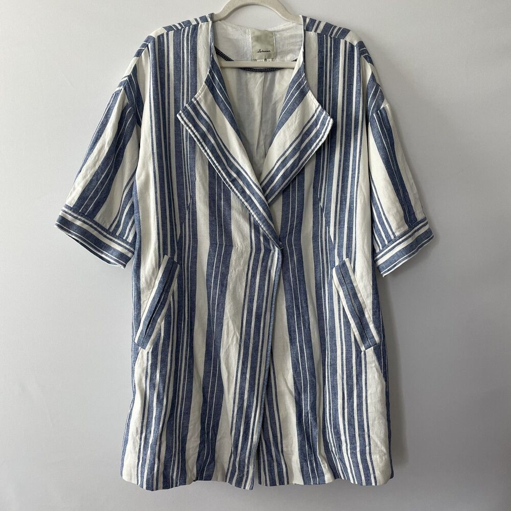 Anthropologie Elevenses North Channel Striped Linen Blend Longline Blazer S-(mp)